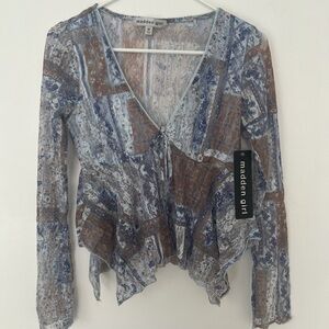 Madden Girl Patchwork Blue and Brown Blouse